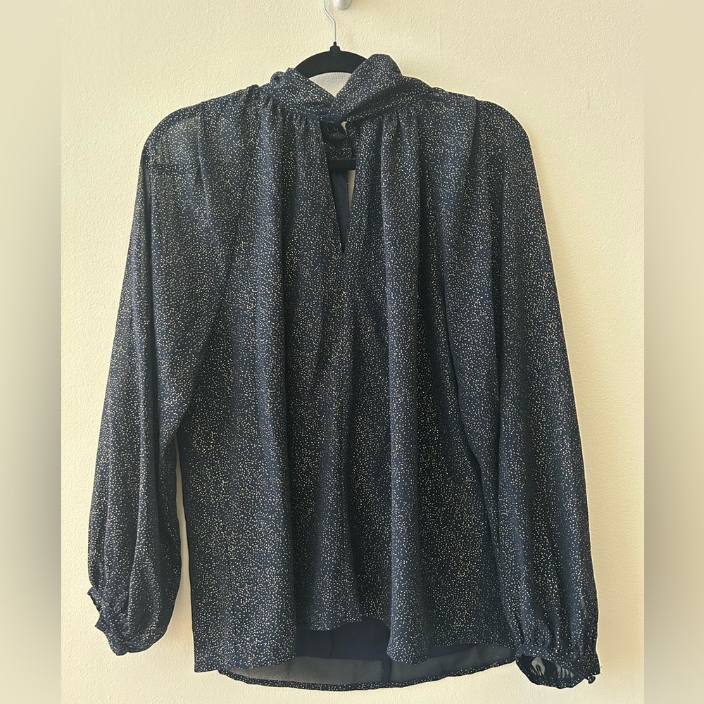 NWT Navy long sleeve blouse with gold accent foil dots women’s size large